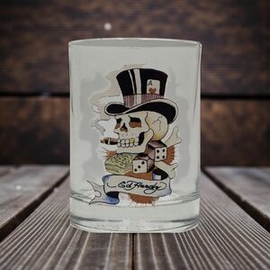 VINTAGE Don Ed Hardy Drinking High Ball Glass Smoking Skull Dice Heavy Bottom